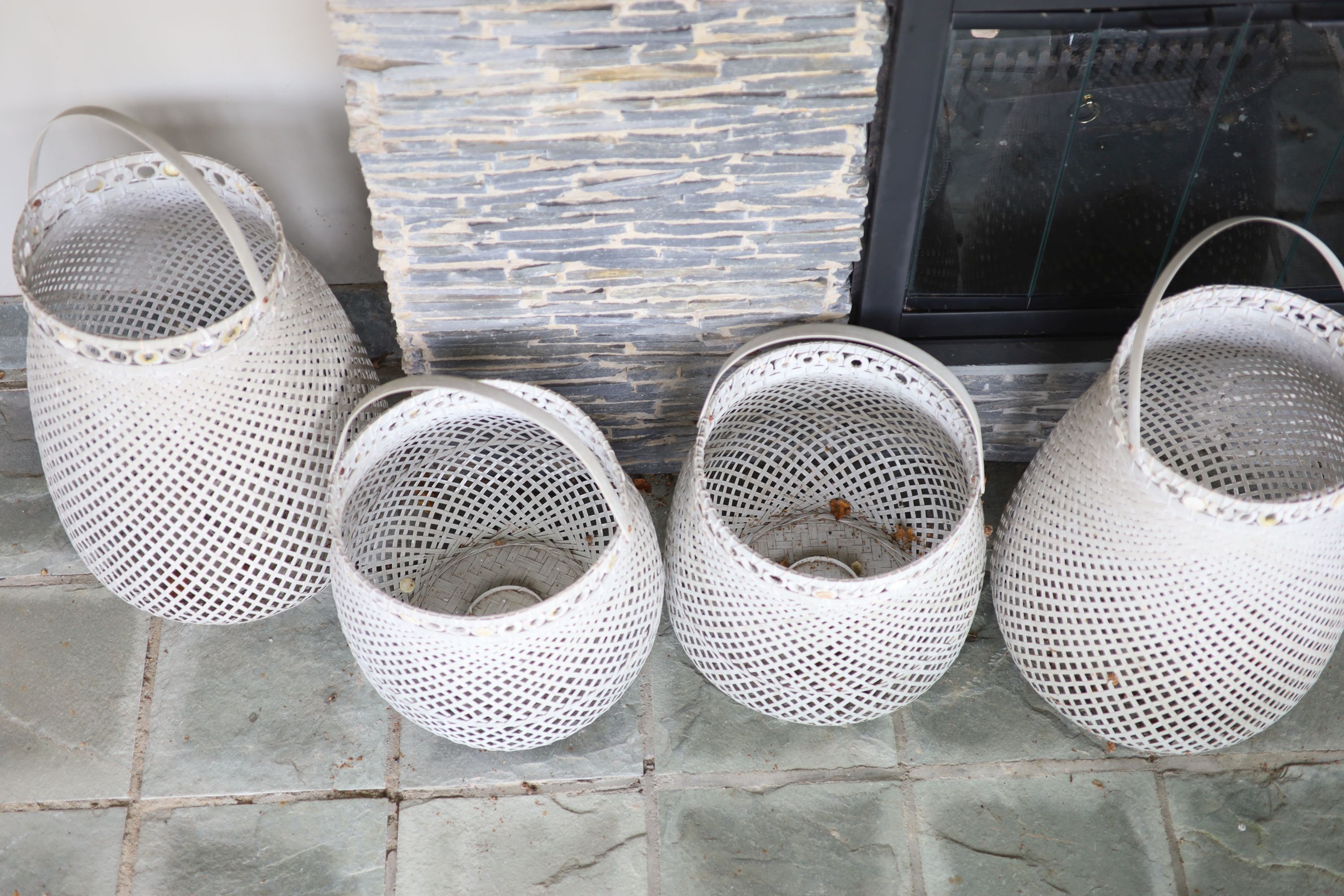 Two pairs of painted bamboo floor lanterns, tallest 73cm